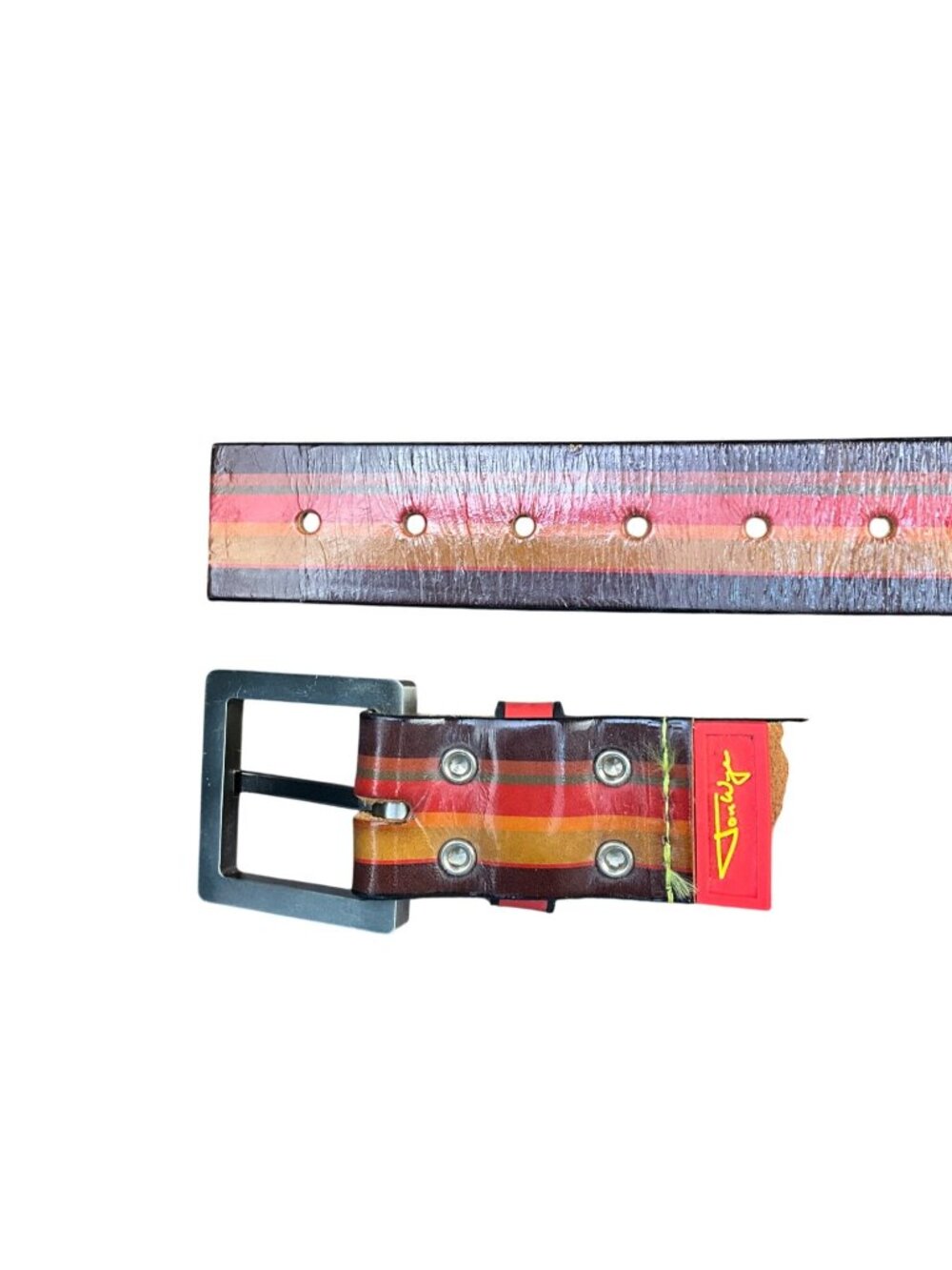 Jon Wye Mens Red & Brown Leather Belt Striped Adjustable Design Made In USA image 3